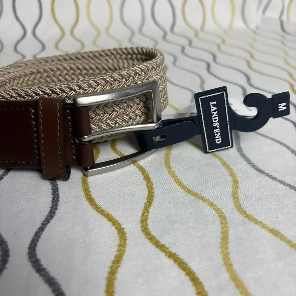 NWT Lands End Men’s Khaki Elastic Braid Cord Belt Outdoors Medium 37” New Dress